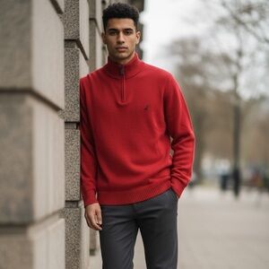 Nautica 100% Cotton Men’s Quarter Zip Pull Over Knit Red Sweater Size S